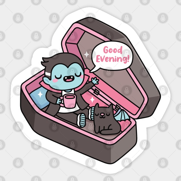Cute Vampire Wakes Up From Coffin, Good Evening Sticker by rustydoodle